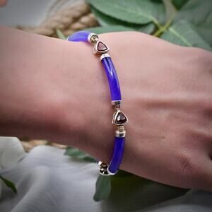 Silver Purple Jade Almandine Garnet Modular Panel Link Bracelet 7.5 inches
